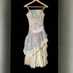 Vintage 80s Loralie Original Prom Dress Cottagecore Shimmer Lace Romantic sz 10